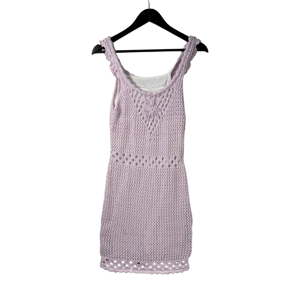 AQUA Womens Crochet Mini Dress Lilac Purple White Cotton Open Knit‎ Sleeveless L